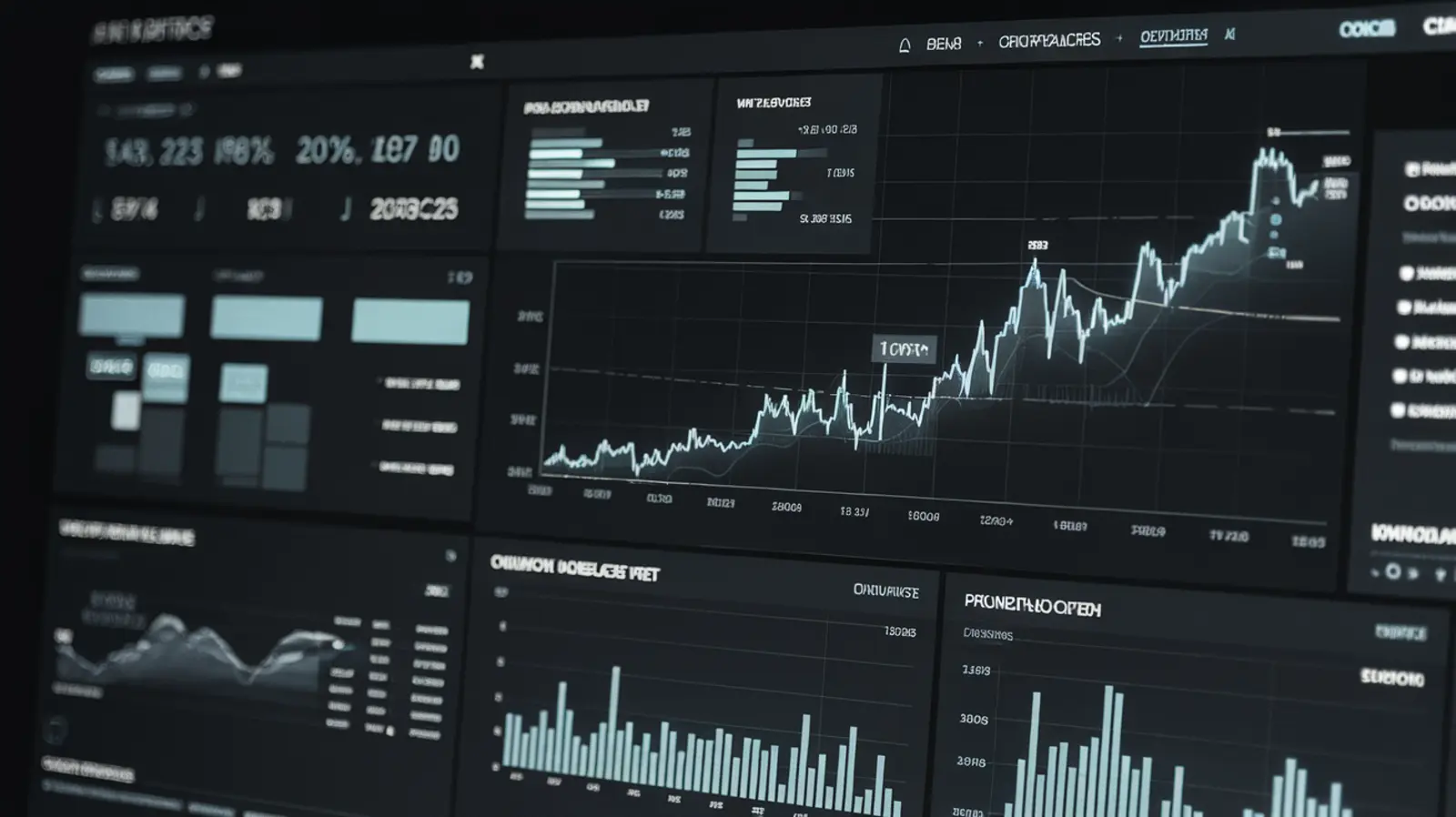 A dark analytics dashboard with charts.