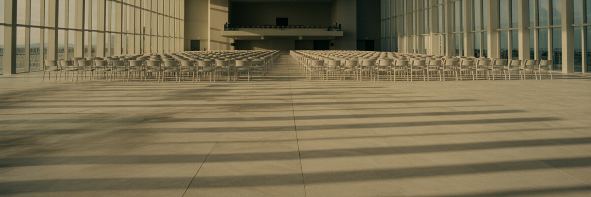 An empty ballroom set and ready before an event